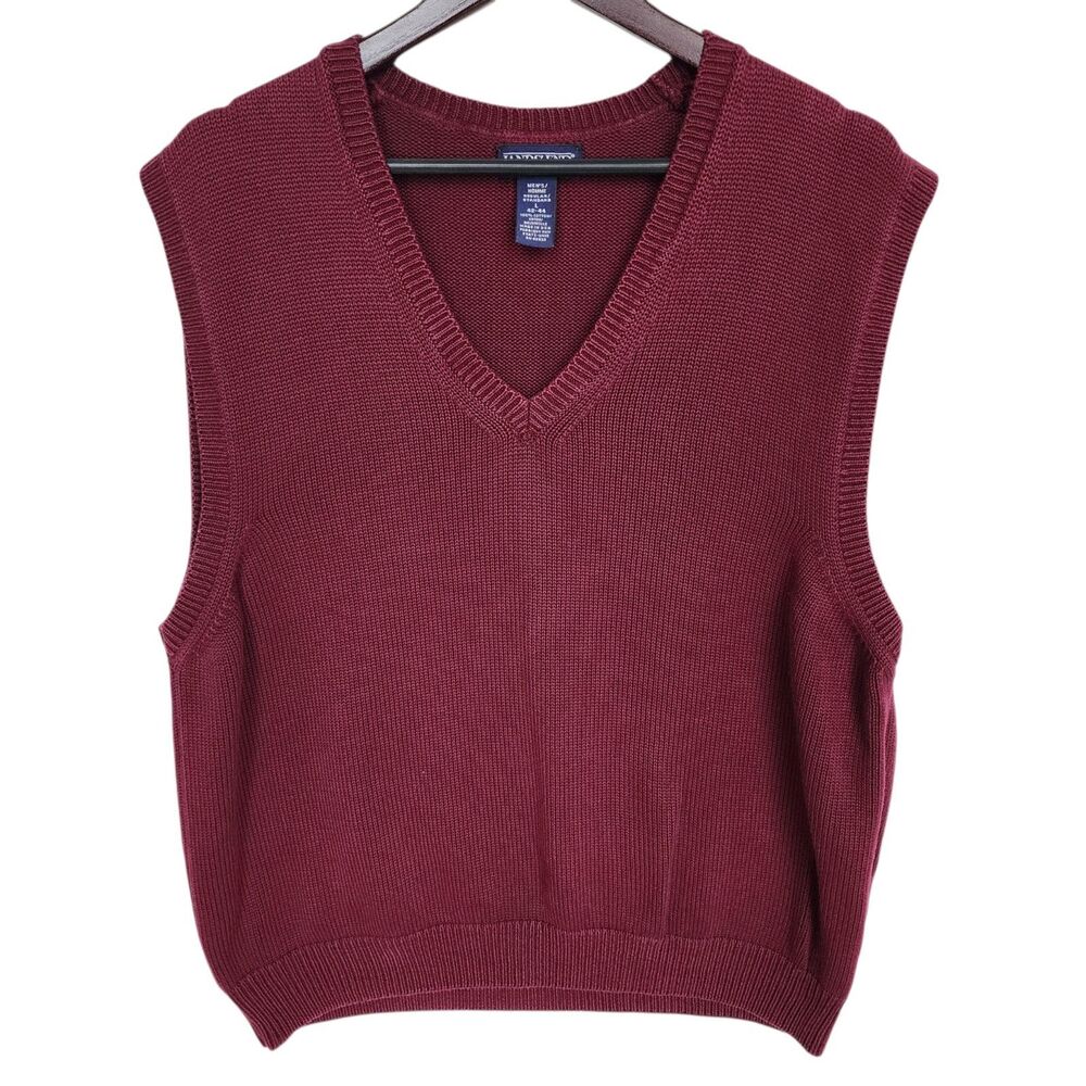 Vtg Lands' End Men's Large Burgundy Cotton Knit V-Neck Sweater Vest Made in USA